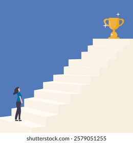 Steps to improve and achieve target, journey, aspiration to reach goal, patience and persistence concept, a women start to step up the stair to reach trophy reward. Flat vector with copy space.