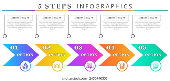 Pasos infografía flechas Plantilla con 5 opciones e iconos de producto, análisis, publicidad online, aumento de ventas y resultado. Para diagrama de procesos, presentaciones, diseño de flujo de trabajo, Anuncio, diagrama de flujo