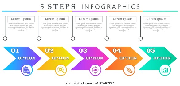Steps Infografik pfeilt Vorlage mit 5 Optionen und Icons von Umfrage, Forschung, Zielgruppe, Lösungen und Wachstum. Für Prozessdiagramm, Präsentationen, Workflow-Layout, Banner, Flussdiagramm