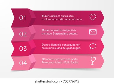 Steps infographics banners with arrows. Romantic template for diagram, graph, presentation, chart, number options, workflow layout, web design. Business concept with 4 steps. Abstract background.