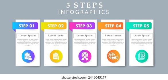 Steps infographics design layout template including icons of survey, sampling, quality, marketing and results. Creative presentation with 5 steps concept.