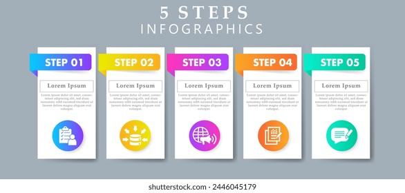 Pasos infografía diseño Plantilla de diseño incluyendo iconos de Encuesta, recopilación de datos, marketing, resultados y Comentarios. Presentación creativa con concepto de 5 pasos.