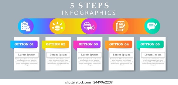 Steps infographics design layout template including icons of survey, data collection, marketing, results and feedback. Creative presentation with 5 options concept.