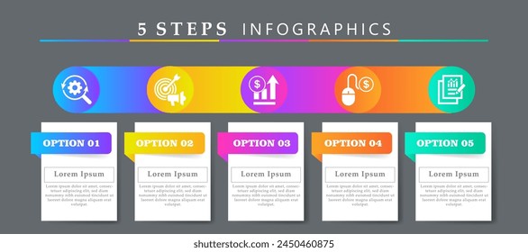 Steps infographics design layout template including icons of research, advertising, increase sales, pay per click and result. Creative presentation with 5 options concept.