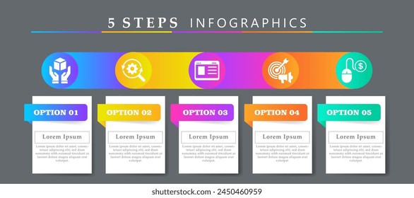 Schrittweise Infografik Design Layout Vorlage einschließlich Icons von Produkt, Forschung, Website, Werbung und Pay per Klicken. Kreative Präsentation mit 5 Optionen Konzept.