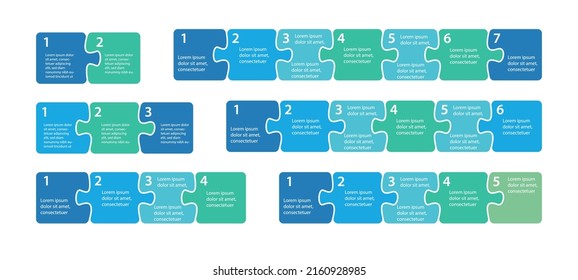 Tretet Infografiken ein. Puzzle-Sequenz. Zwei, drei, vier, fünf, sechs und sieben Puzzleteile. Prozess-, Workflow-Infografiken, Planelemente. Darstellungsdiagrammelemente. Vektorgrafik