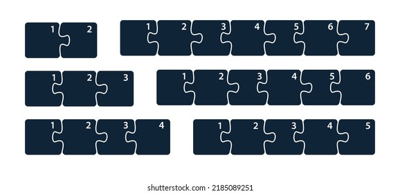 Steps infographics. Puzzle sequence. Two, three, four, five, six and seven elements of puzzle. Process, workflow infographics, plan elements. Presentation chart elements. Vector illustration