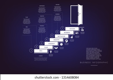 Steps up ladders and doorway. Concept  illustration or background. Business infographic. Vector monochrome template 7 positions for text area, possible to use for workflow, banner, diagram, web design