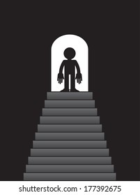 Steps leading up to figure standing in doorway 