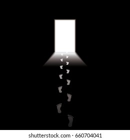 Steps to the light from the darkness. Open door in dark room illustration. Footprints on the floor. Depression concept. Vector background