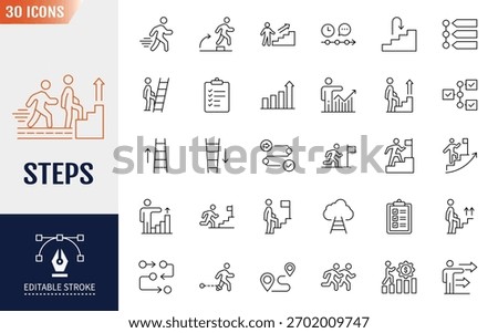 Steps line editable icon set. Containing icons: stairs, footprint, progress, step by step, roadmap, process, walk and more. Vector illustration