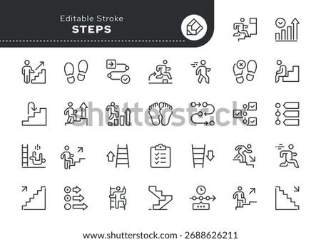 Steps line icon set. Ladder, shoe print, footprint, walk, run, stp over, stepping, upstairs, downstairs, stairs and more. Outline icon in linear style. Vector collection.	
