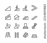 Steps, linear style icons set. Human climbing steps. Ladder. A structure consisting of several steps and a railing. Editable stroke width