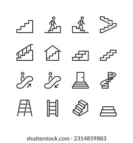 Steps, linear style icons set. Human climbing steps. Ladder. A structure consisting of several steps and a railing. Editable stroke width