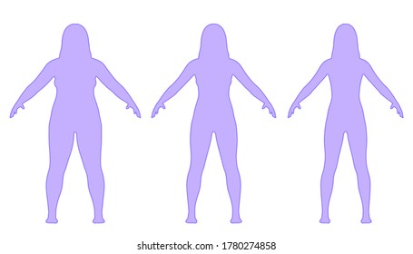 Steps of losing weight woman from fat to slim. Overweight woman before and after weight loss on white background