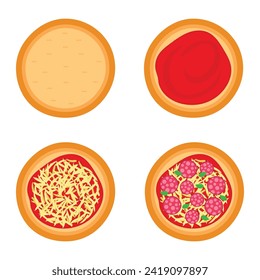 Steps for making pepperoni pizza. Vector graphic.