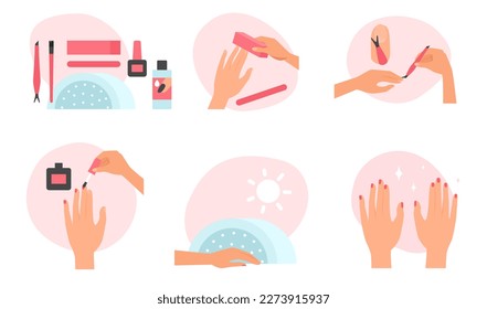 Steps of manicure and nail polish flat icons set vector illustration. Female hands using nail file and cuticle remover, painting fingernails, drying under UV lamp in salon or home