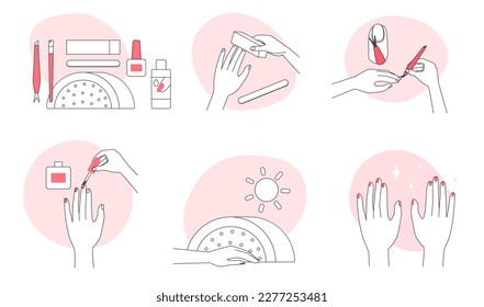 Steps of manicure and nail polish line icons set vector illustration. Hand drawn outline female hands using nail file and cuticle remover, painting fingernails, drying under UV lamp in salon or home