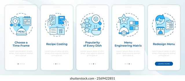 Steps of menu engineering blue onboarding mobile app screen. Walkthrough 5 steps editable graphic instructions with linear concepts. UI, UX, GUI template