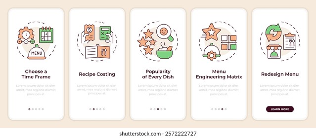 Steps of menu engineering onboarding mobile app screen. Walkthrough 5 steps editable graphic instructions with linear concepts. UI, UX, GUI template