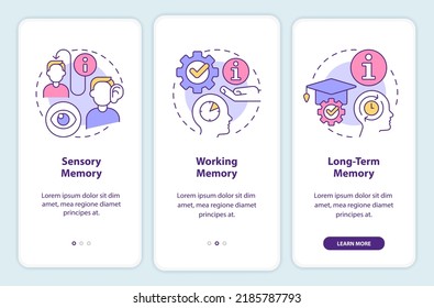 Steps of microlearning onboarding mobile app screen. Memory walkthrough 3 steps editable graphic instructions with linear concepts. UI, UX, GUI template. Myriad Pro-Bold, Regular fonts used