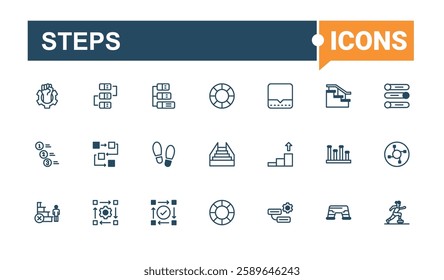 Steps minimal icon set. Related to business, steps, man, climb, ladder and more. Simple line vector. Editable vector outline and solid icons.