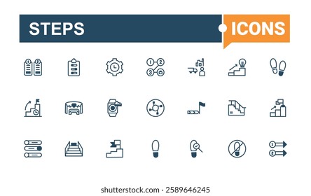 Steps minimal icon set. Related to business, steps, man, climb, ladder and more. Simple line vector. Editable vector outline and solid icons.