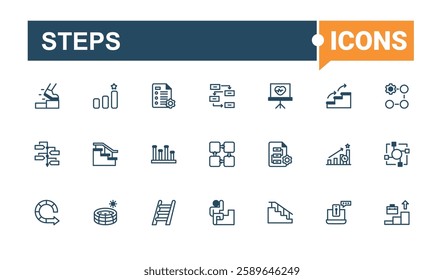 Steps minimal icon set. Related to business, steps, man, climb, ladder and more. Simple line vector. Editable vector outline and solid icons.