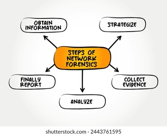 The steps of Network Forensics - sub-branch of digital forensics relating to the monitoring and analysis of computer network traffic, mind map text concept background
