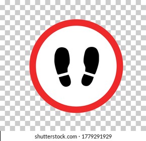 Steps on floor in circle, keep distance in line, stand here sign, queue order, vector icon. Social distancing. Footprint sign for stand in supermarket. Keep the 2 meter distance. Coronovirus epidemic 