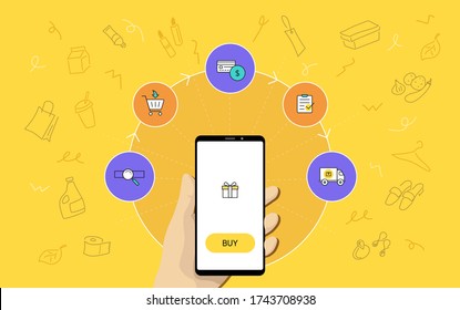 steps of online shopping illustration: hand holding smartphone, mobile eCommerce, hand drawing of shopping items on yellow background