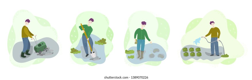 Steps of organic growing vegetables. Men cultivate soil, dig hole, sow seeds, watering. Season harvest work scene set. Isolated flat trendy cartoon Illustration for web and print collection