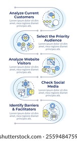 Steps to perform audience analysis infographic vertical sequence. Customers behavior research. Visualization infochart with 5 steps. Circles workflow