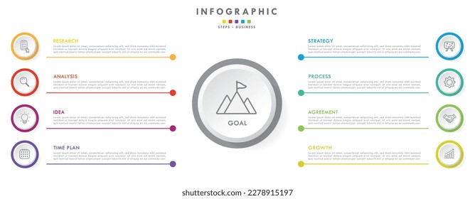 Steps and project management month in a year business panoramical horizontal infographic. Modern Cclorful flat infographics design template. Simple vector illustration for business presentation.
