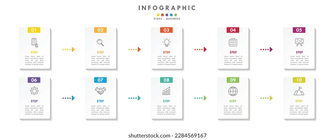 Steps and project management month in a year business panoramical horizontal infographic. Modern Cclorful flat infographics design template. Simple vector illustration for business presentation.