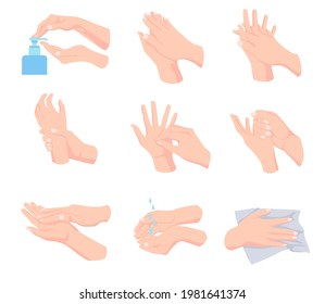 Steps of proper hand hygiene vector illustrations set. Cartoon person washing hands with soap, cleansing, drying with towel isolated on white background. Health, hygiene, infection, virus concept