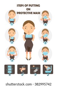 
steps of putting on protective mask .Woman wearing surgical masks in a circle cartoon vector illustration.