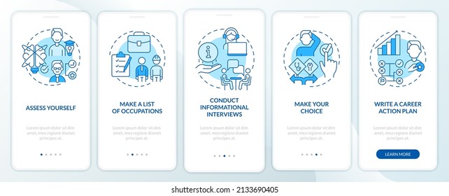 Steps to select career path blue onboarding mobile app screen. Walkthrough 5 steps graphic instructions pages with linear concepts. UI, UX, GUI template. Myriad Pro-Bold, Regular fonts used