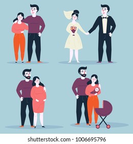 Steps or stages of happy family life. Aging. From girlfriend and boyfriend to marriage, husband, wife and pregnancy. Various situations of relationship. Man and woman through age. Vector illustration