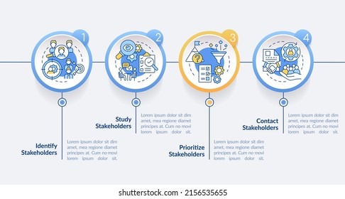Steps Of Stakeholder Relations Circle Infographic Template. Data Visualization With 4 Steps. Process Timeline Info Chart. Workflow Layout With Line Icons. Lato-Bold, Regular Fonts Used