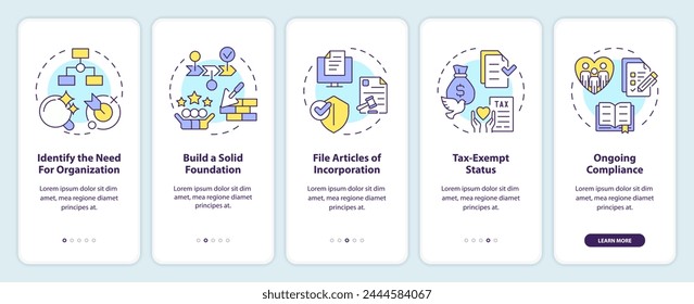 Steps to start NPOs onboarding mobile app screen. Work of NGO walkthrough 5 steps editable graphic instructions with linear concepts. UI, UX, GUI template