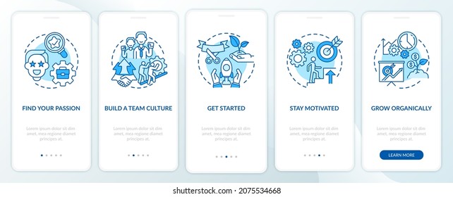 Steps to start social entrepreneurship blue onboarding mobile app page screen. Walkthrough 5 steps graphic instructions with concepts. UI, UX, GUI vector template with linear color illustrations
