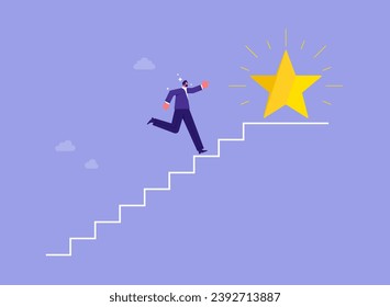 Steps to Success, achievement or opportunity, accomplishment or career development concept, businessman climbing up steps to get the star