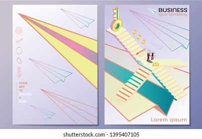 Steps to success and achieving your goal. Man walking up stairs to goal. Staircase 3D isometric abstract vector illustration. Business cover book and flyer design template.