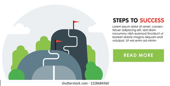 Steps to success banner concept. Next level, upgrade reach goal, higher and better, motivation and improvement, long term ambition, future aspiration, vector flat illustration.