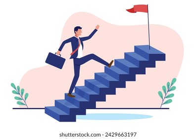 Steps to success - Businessman climbing stairs to the top to reach achievement and success flag on top. Way upwards in company concept in flat design vector illustration with white background
