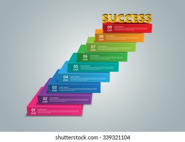 Steps to Success, Colored Rectangular Prism 3D with Success Text,  Number and Text Information, 9 Options, Vector Illustration.