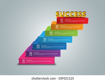 Steps to Success, Colored Rectangular Prism 3D with Success Text,  Number and Text Information, 7 Options, Vector Illustration.