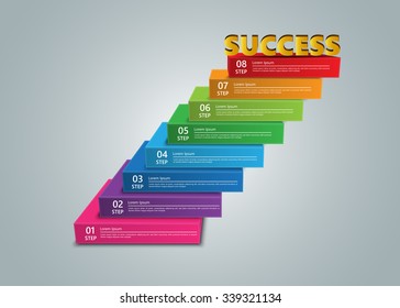 Steps to Success, Colored Rectangular Prism 3D with Success Text,  Number and Text Information, 8 Options, Vector Illustration.