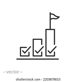 steps for success finish icon, planning checklist for goal progress, strategy project, thin line symbol on white background - editable stroke vector illustration